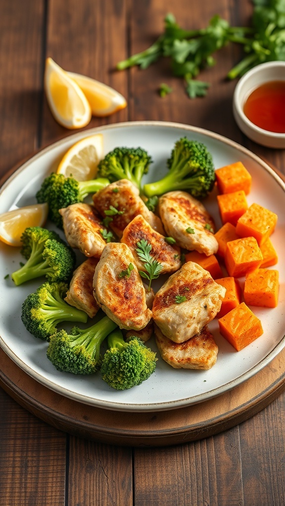 A healthy meal of air-fried chicken, broccoli, and sweet potatoes garnished with herbs on a wooden table.